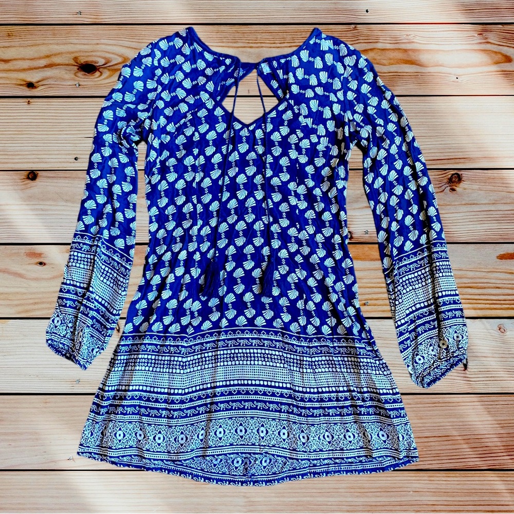 Band of Gypsies Blue and White Long Sleeve Tunic Dress